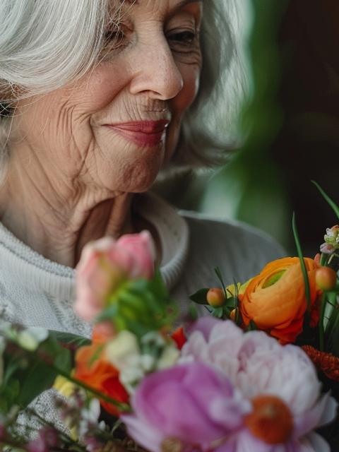 oudere dame met boeket bloemen